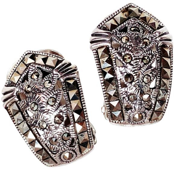 VTG Sterling Silver Marcasite Sleek Clip On Earrings Art Deco Revival Thai FAS - Picture 1 of 10